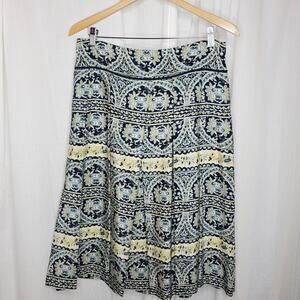 DKNY Navy & Cream Paisley Print Pleated Silk Skirt, 10